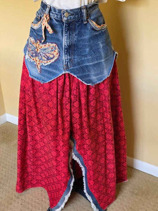 Hand Crafted Dresses & Skirts - HAND CRAFTED Maxi Skirt UPCYCLED Blue Denim Dragonfly Fringed  Red Print Size 12